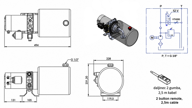 MINI HYDRAULISK POWER-PACK 12V DC - 1.6kW = 2.1cc - 8 liter - enfase enhet (metall)