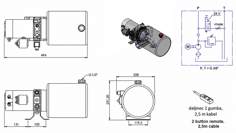 MINI HYDRAULISK POWER-PACK 24V DC - 2.2kW = 2.1cc - 8 lit - enfase montering (metall)