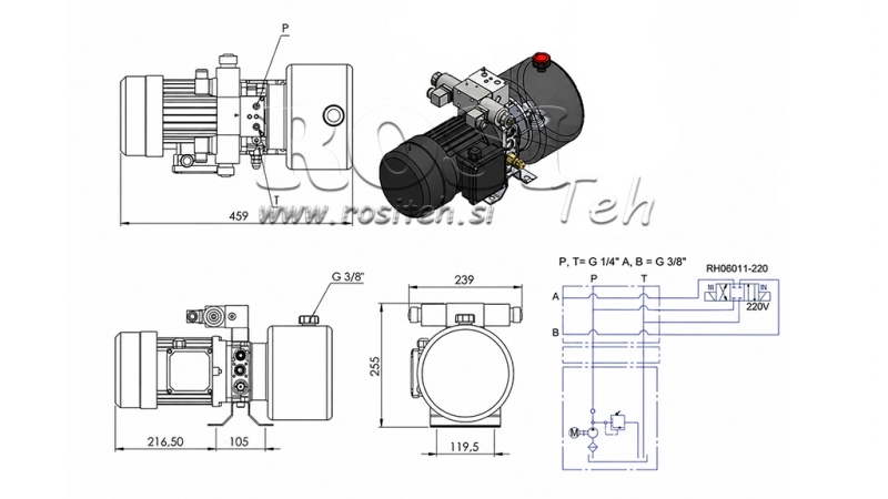 MINI HYDRAULISK POWER-PACK 380V AC (0.75 kW) - 3.7 cc - 5.2 lit/min - tank 4 lit