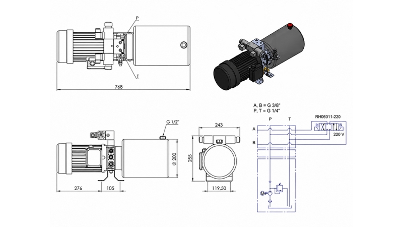 MINi HYDRAULIKAGGREGAT 380V AC (2,2 kW) - 8,0 cc - 11,2 lit/min - Tank 12 lit