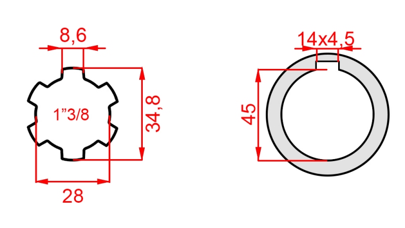 KARDANOVÝ ADAPTÉR 1-3/8 - OTVOR fi 45 mm (180 mm)