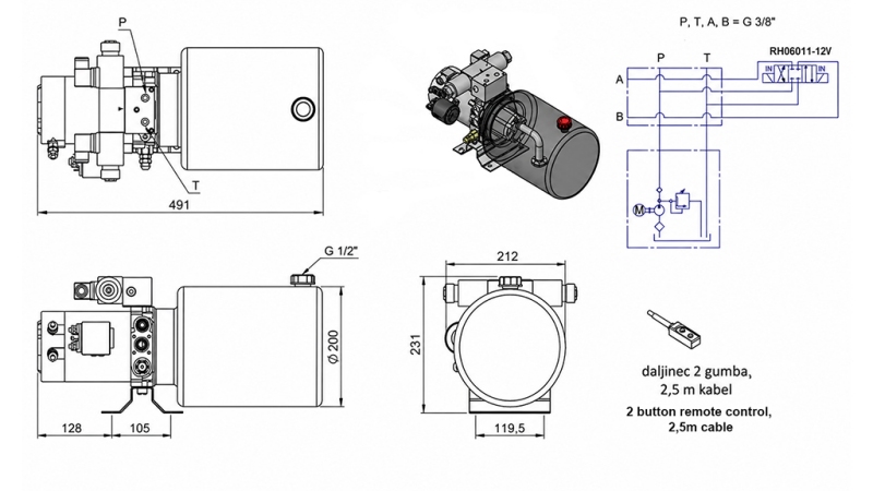 MINI UNIDAD DE POTENCIA HIDRÁULICA 12V DC - 1.6kW = 2.1cc - 8 lit - unidad bidireccional (metal)