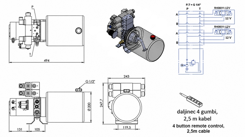 MINI HYDRAULIKAGGREGAT 12V DC - 1,6kW = 2,1cc - 8 lit - 2x Doppelwirkende Funktion (Metallgehäuse)