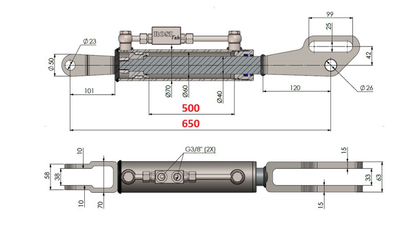 TIRANT LATERAL HIDRAULIC 2T CU FURCĂ 60/40-150 (500MM-650MM)