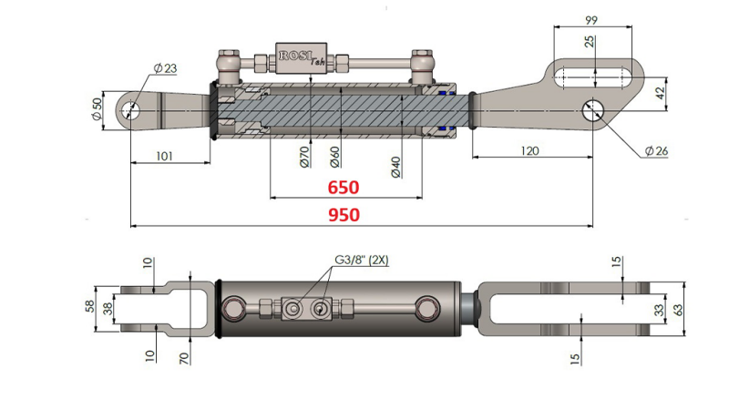 TIRANT LATERAL HIDRAULIC 2T CU FURCĂ 60/40-300 (650MM-950MM)