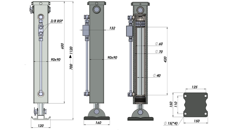 DVOSMERNA HIDRAVLIČNA NOGA (90x90x600 mm) - HOD 420 mm - 2.500 kg