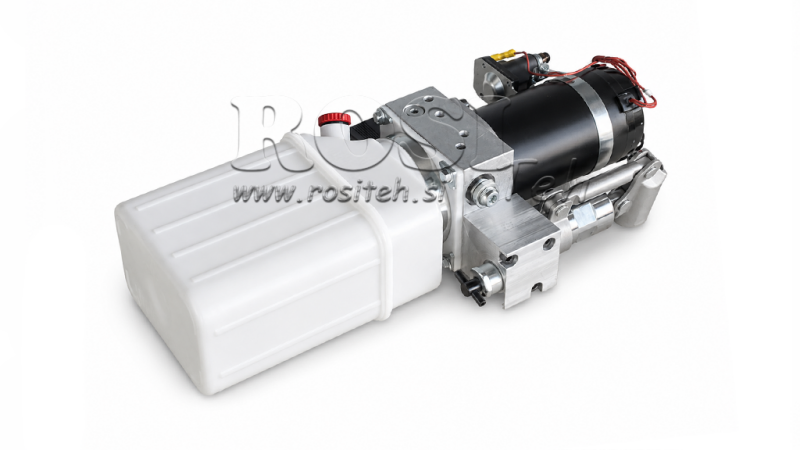 UNIDAD HIDRÁULICA MINI 24V CC - 0.8KW = 0.5CC - 1.5 LITROS - UNIDAD DE ACCIÓN SIMPLE (PVC) CON BOMBA MANUAL