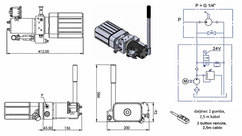 MINI HIDRAULIKUS EGYSÉG 24VDC-0.8KW= 0.5 cc-1.5 lit. egyirányu szerelvény kézi pumpával