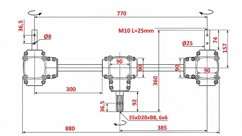 REDUKTORIŲ RINKINYS 1:1,35 (22HP-16kW) MĖŠLO KRATYTUVUI L:770 - ALU
