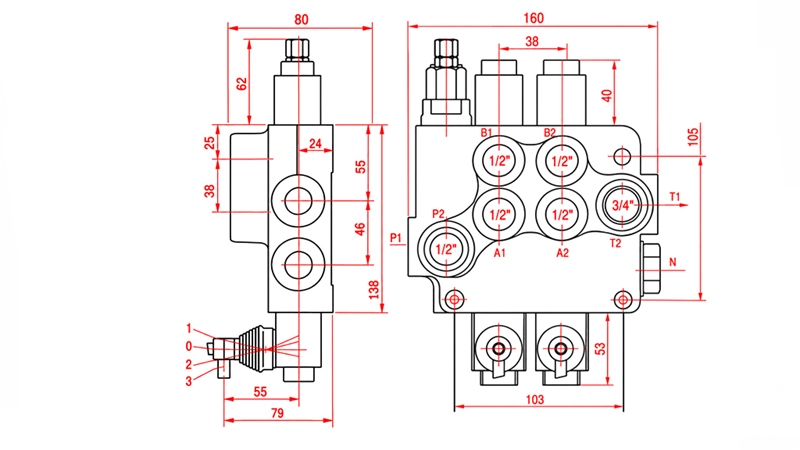 HYDRAULISK MANUELL VENTIL – 2-SEKSJONS RETNINGSVENTIL 2xR80 ECO