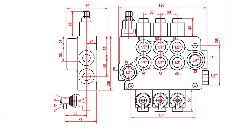 HYDRAULISK MANUELL VENTIL – 3-SEKSJONS RETNINGSVENTIL 3xR80 ECO