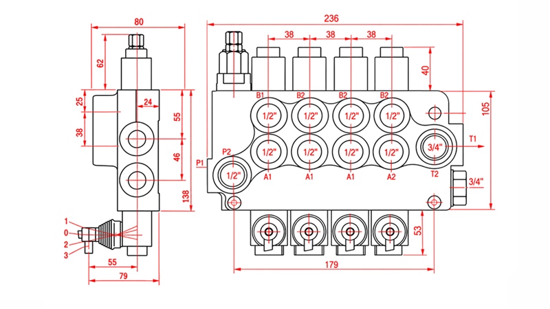 HYDRAULISK MANUELL VENTIL – 4-SEKSJONS RETNINGSVENTIL 4xR80 ECO