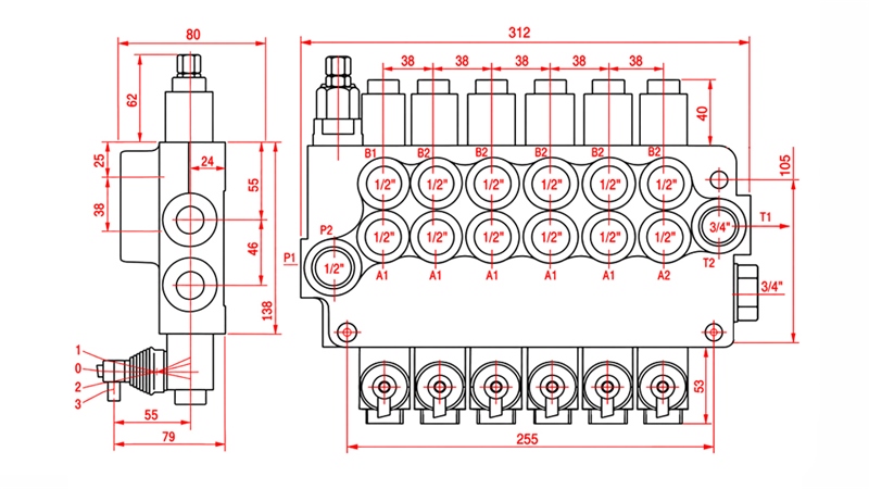 HYDRAULISK MANUELL VENTIL – 6-SEKSJONS RETNINGSVENTIL 6xR80 ECO
