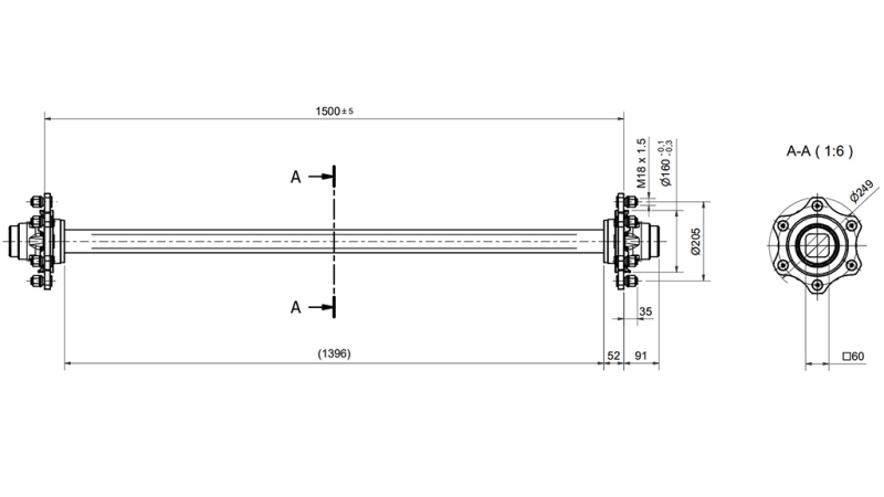 AKSEL FOR HENGER 4800 KG UTEN BREMS (1500 MM)