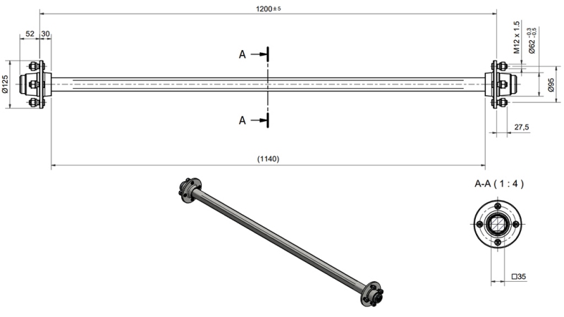 AXA PENTRU REMORCĂ 950 KG FĂRĂ FRÂNĂ (1200 MM)