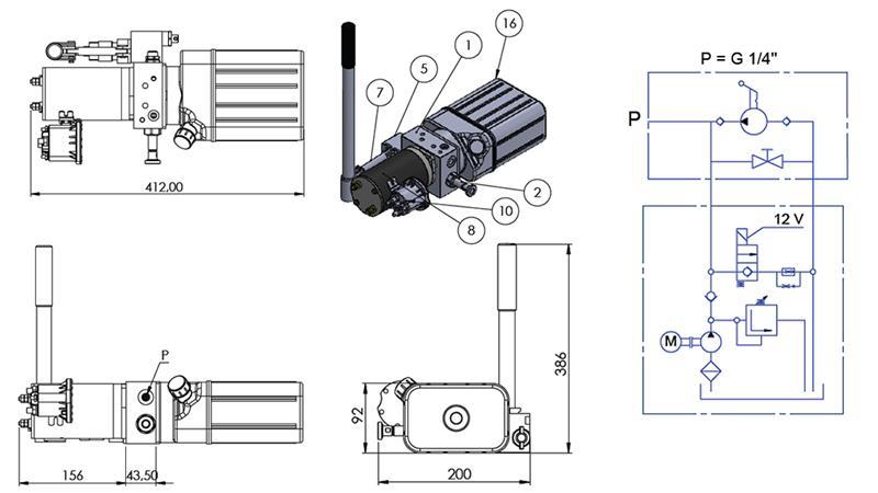 MINI HYDRAULISK AGREGAT 12V DC - 0.8kW = 0.5cc - 1.5 liter - enfase enhet (PVC) med manuell pumpe