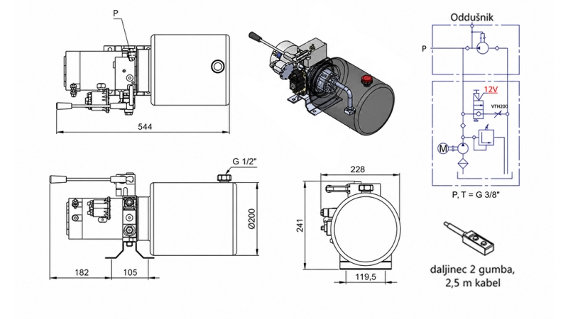 MINI HIDRAVLIČNI AGREGAT 12V DC - 1,6kW = 2,1cc - 8 lit - enosmerni sklop Z ROČNO ČRPALKO