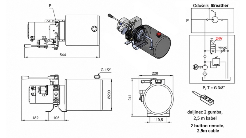MINI HIDRAULIKUS EGYSÉG 24V DC - 2,2kW = 2,1cc - 8 világító - egyirányú egység KÉZI SZIVATTYÚVAL