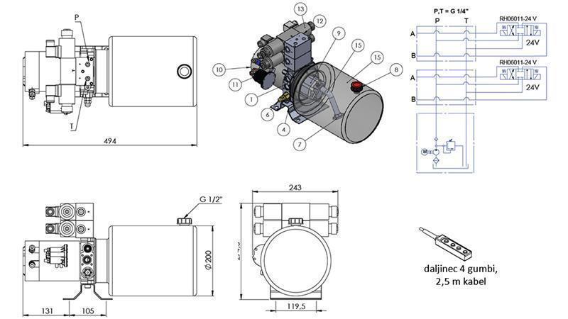 МИНИ ХИДРАВЛИЧЕН АГРЕГАТ 24V DC - 2.2kW = 2.1cc - 8 литра - 2x двупосочно сглобяване (метал)