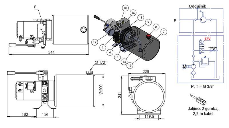 AGGREGAT HYDRAULIQUE MINI 12V CC - 1.6kW = 2.1cc - 8 lit - assemblage à direction unique AVEC POMPE MANUELLE