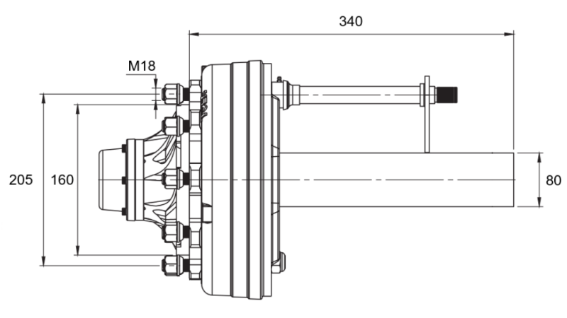 HALVAKSEL MED BREMSER - 4400 kg (6 SKRUE) - 340 mm