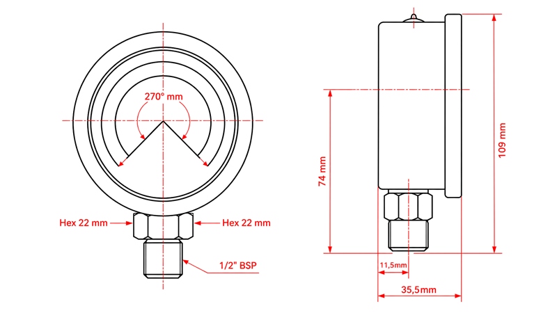 MANOMETER DN100 VERTIKAL 0 - 40 BAR - 1/2