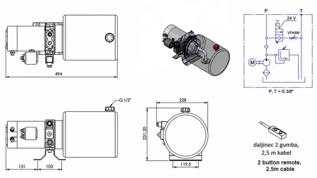 MINI HYDRAULISK POWER-PACK 24V DC - 2.2kW = 2.1cc - 8 lit - enfase montering (metall)