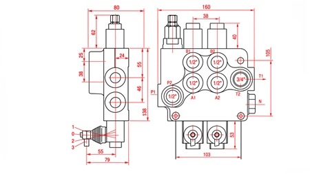 HYDRAULISK MANUELL VENTIL – 2-SEKSJONS RETNINGSVENTIL 2xR80 ECO