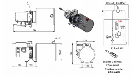 MINI HIDRAULIKUS EGYSÉG 24V DC - 2,2kW = 2,1cc - 8 világító - egyirányú egység KÉZI SZIVATTYÚVAL