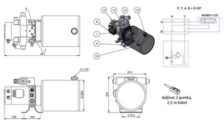 MINI HYDRAULICKÝ AGREGÁT 12V DC - 1.6kW = 2.1cc - 8 lit - dvojitá smerová zostava (kov)