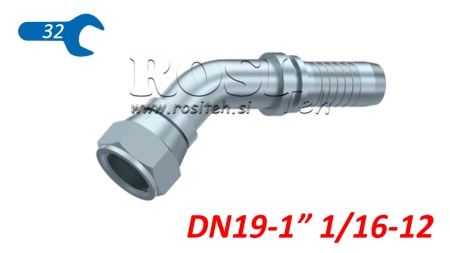 RACCORD HYDRAULIQUE DKJ JIC74° COUDE FEMELLE 45° DN19-1 1/16-12