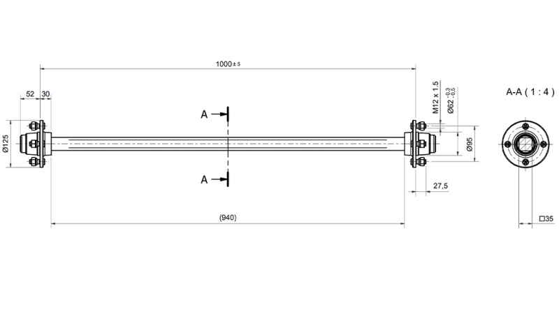 AKSEL FOR HENGER 950KG UTEN BREMS (1000 MM)