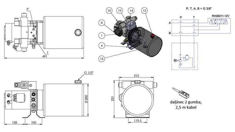 MINI HYDRAULISK AGGREGAT 12V DC - 1.6kW = 2.1cc - 8 lit - dobbel retning montering (metall)