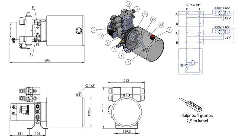 MINI HYDRAULISK AGGREGAT 12V DC - 1.6kW = 2.1cc - 8 lit - 2x toveis montering (metall)