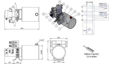 MINI HYDRAULISK AGGREGAT 12V DC - 1.6kW = 2.1cc - 8 lit - 2x toveis montering (metall)