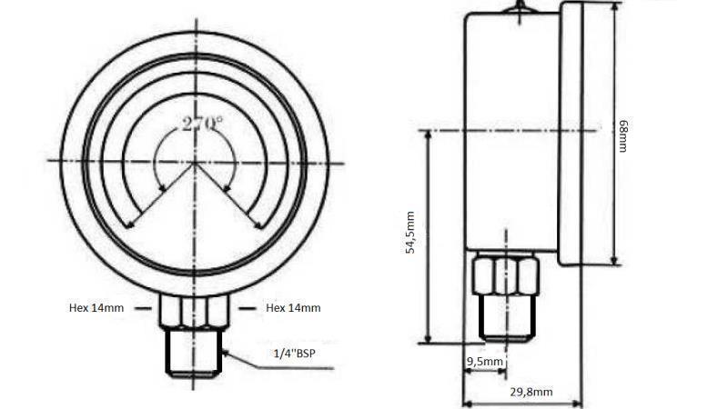 MANOMETER DN63 VERTIKAL 0 - 6 BAR - 1/4 dimensjoner